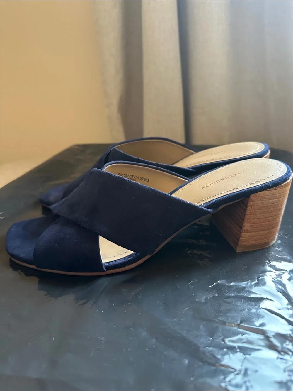Blue suede block heel sandal